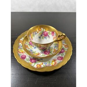 Royal Chelsea English Bone China Tea Cup Saucer Plate Trio Floral Gold Gilt
